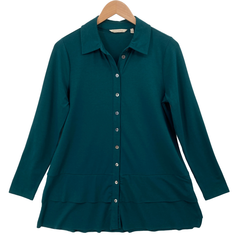 Soft Surroundings Teal Green Button Front Top Small Long Sleeve Layered Hem